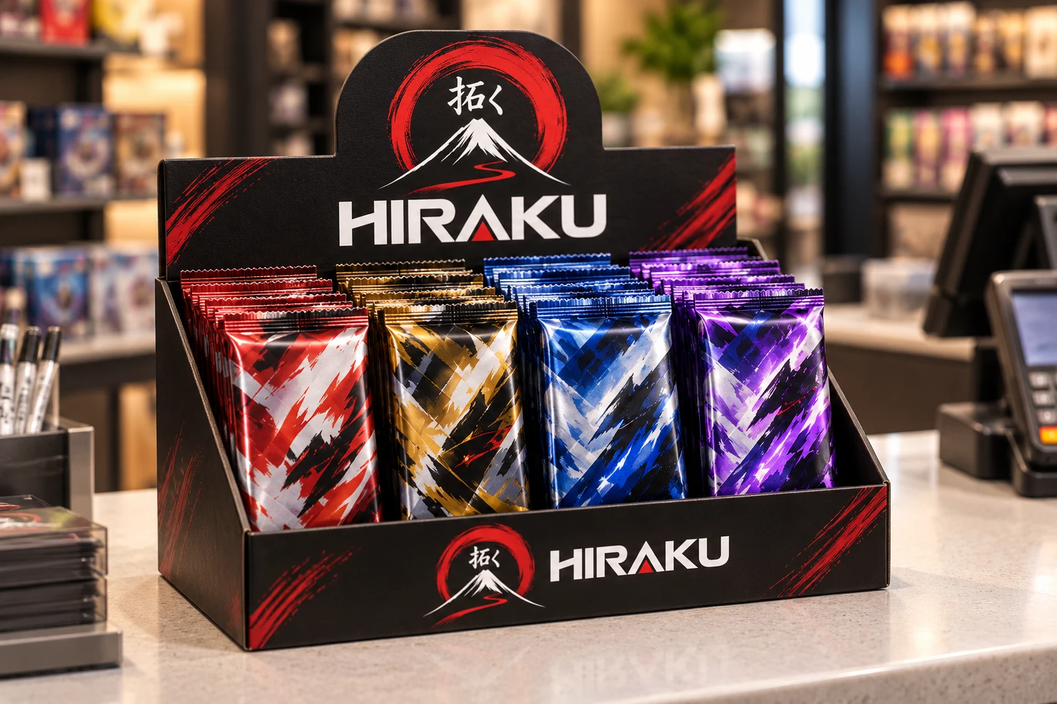 Illustrative HIRAKU countertop trading-card display